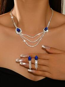 Luxury Elegant Water Drop Earrings & Necklace Set, Evening Gown Light Luxury Accessories, Suitable For Wedding, Bridesmaid, Banquet, Party Jewelry - 1884 Blue-hB - View 1