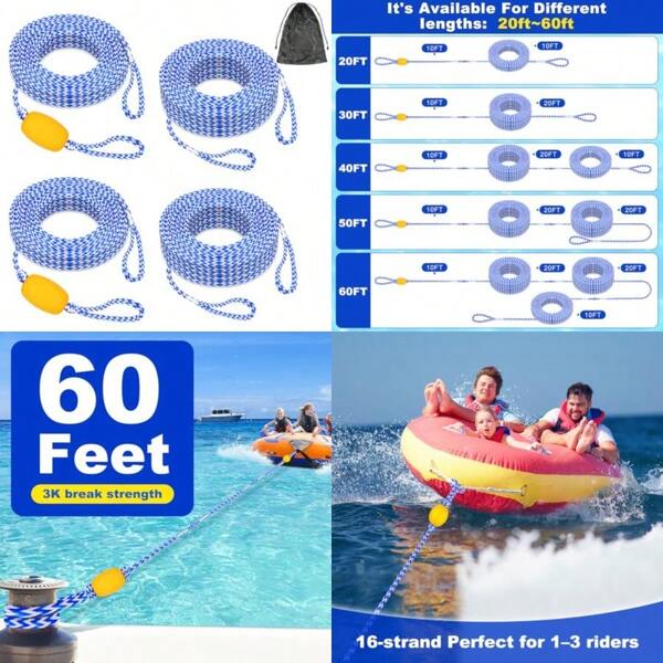Heavy-Duty 60Feet Boat Tow Rope For Tubing, Floating Tube Tow Rope, Durable Watersports Ski Rope For Wakeboarding, Water Skiing And Kneeboarding