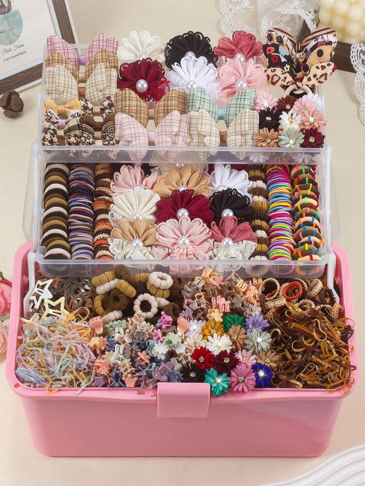872pcs Academy Style Coffee Color Girls Hair Accessories Set, Including Plaid Bow Hair Clips, Lace Flower Hair Clips, Bow Flower Alligator Hair Clips, Star Snap Clips, Mini Claw Clips, Rabbit Ear Hair Ties, Bamboo Joint Towel Scrunchies, Ruffled Elastic Hairbands And TPU Rubber Bands, Suitable For Daily, Party, Travel Use - Multicolor - View 1
