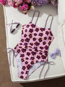 Ladies' Vacation Flower Paired With Checkered Printed Flat Chest One-Piece Swimsuit Suitable For Island Vacation Swimming Beach Summer - Multicolor - View 2