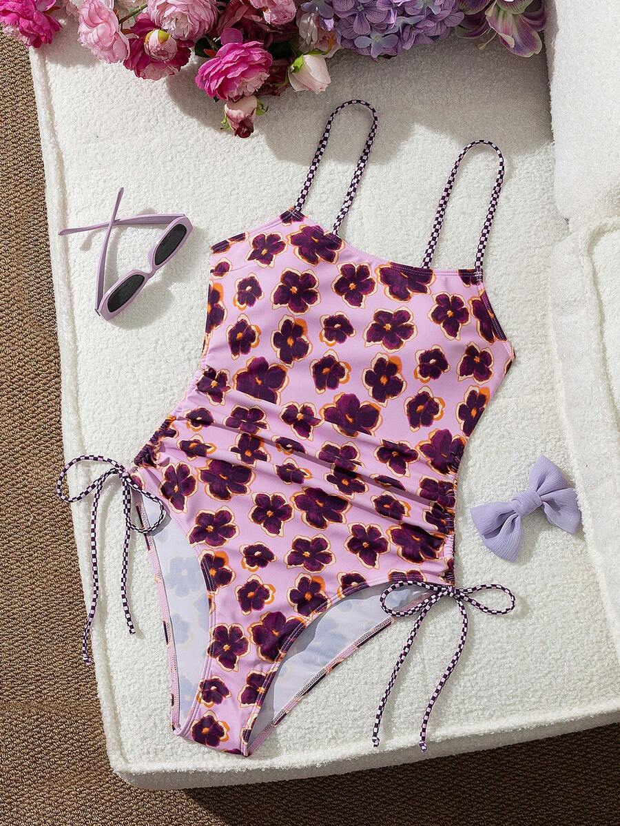 Ladies' Vacation Flower Paired With Checkered Printed Flat Chest One-Piece Swimsuit Suitable For Island Vacation Swimming Beach Summer - Multicolor - View 1