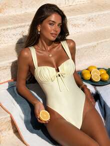 Sexy Ruched One-Piece Swimsuit, Elegant Wide Strap, Heart-Shaped Neckline, Bow Detail, High Cut, 2026 Summer Women's Vacation Fashion Swimwear Beachwear - Light Yellow - View 1