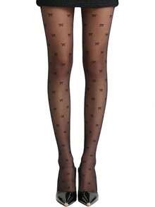 1/2/3 Pairs Women's Fashion Street Style Bow Print Thin Transparent Tights Summer Slim Fit Leggings - Black - View 10