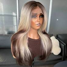 Brown Highlighted Kanekalon Futura Synthetic Hair 13x4 Lace Front Wig For Women, 18 Inch Medium Length Wavy Curly Hair With Curtain Bangs, Glueless Durable, Middle Part, 150% Density, Ready To Wear, Suitable For Daily, Party, Holiday, Vacation Use, Beginner Friendly Wig - Brown Highlight - View 13
