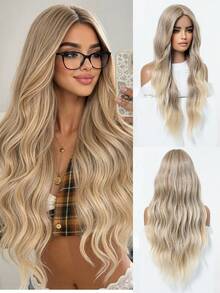 Peluca larga y voluminosa de 28 pulgadas en rosa empolvado, con cabello ondulado y rizado en capas fluidas, raya central natural, cabello sintético suave y sin frizz, gorra suave y flexible, adecuada para actualización de peinado, discoteca, estilo hip-hop, peluca extra larga popular y romántica para mujeres - Dorado - Ver 7