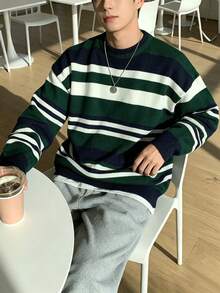 Men's Vintage Contrast Color Striped Crew Neck Pullover Knit Sweater, Loose Fit Long Sleeve Sweater, Autumn/Winter Casual Top - Green - View 1