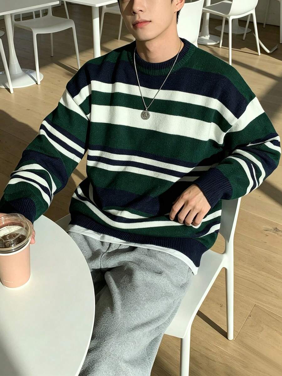 Men's Vintage Contrast Color Striped Crew Neck Pullover Knit Sweater, Loose Fit Long Sleeve Sweater, Autumn/Winter Casual Top - Green - View 1