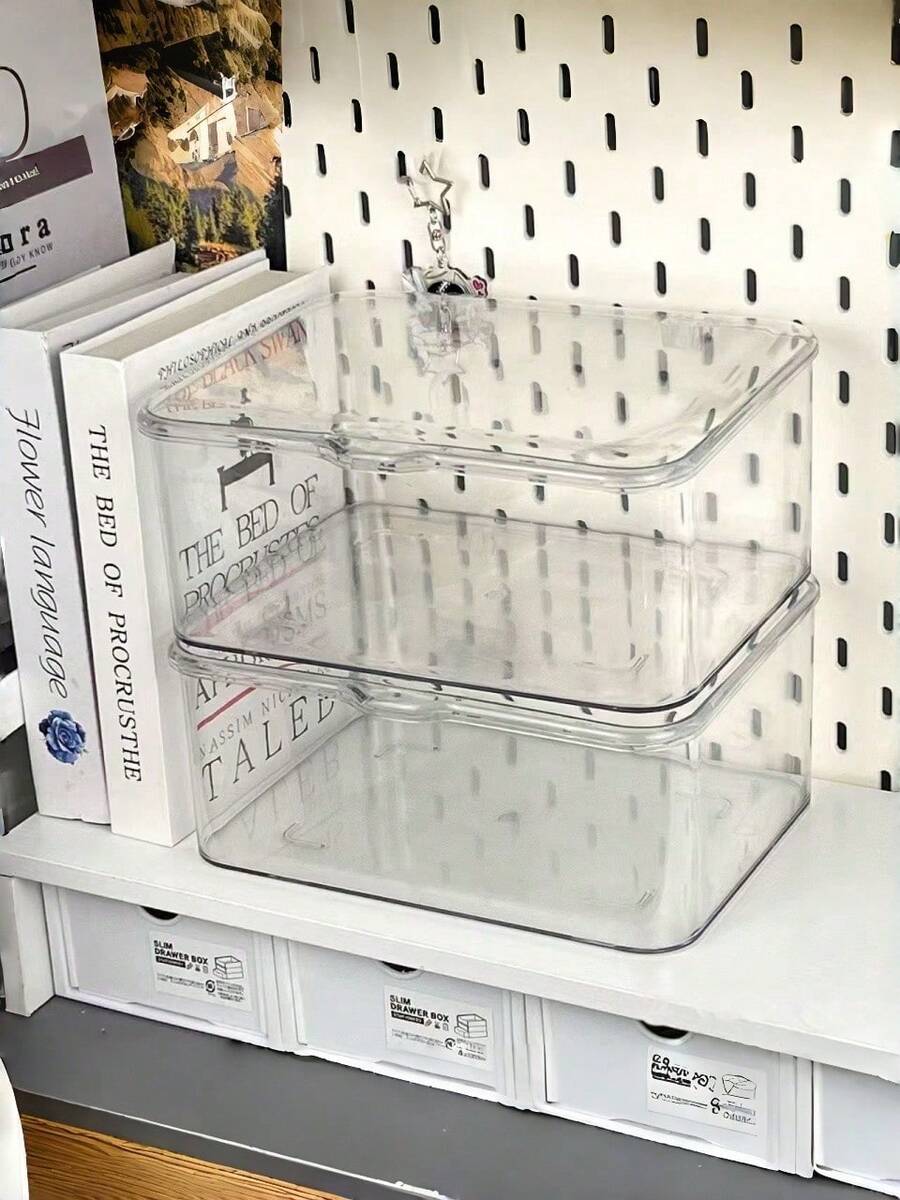 1pc Transparent Large Capacity Flip Lid Storage Box, Dust-Proof Stackable Desktop Box, Sealed Lid, Multi-Functional Acrylic Storage Box, Suitable For Storing Masks, Hair Accessories, Small Items, Medicines, Stationery, Nail Tips, Bracelets, Necklaces, Etc., Professional Jewelry Box, Portable Anti-Oxidation Bracelet Box - Multicolor - View 1