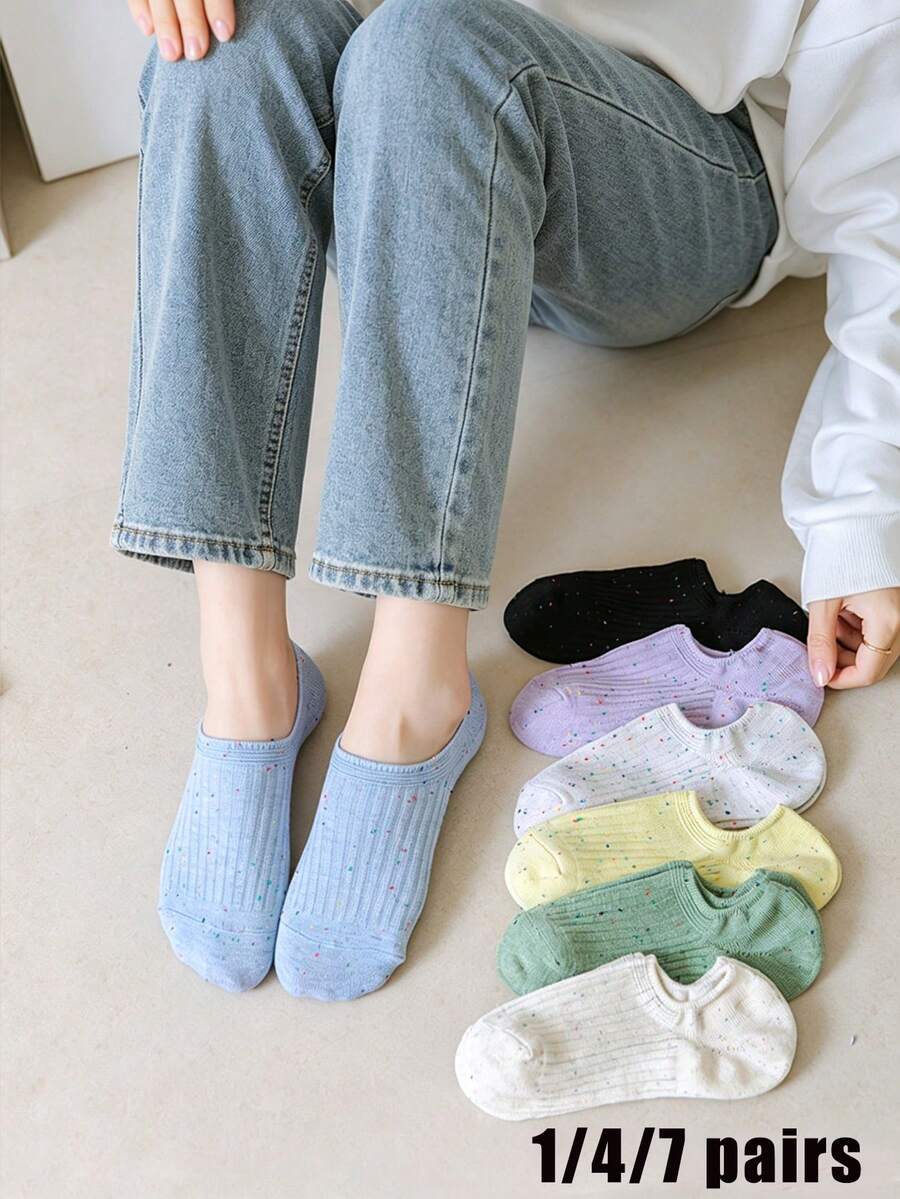 1/4/7 Pairs Cute Short Student No-Show Socks, Dotted Yarn Thin Strip ...
