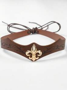 1pc Medieval Vintage Embossed PU Leather Headband Crown, Gold-Plated Iris Flower Emblem, Adjustable Tie Head Circumference, Suitable For Halloween Cosplay, Renaissance Viking Market LARP Costume Accessory - A - View 3