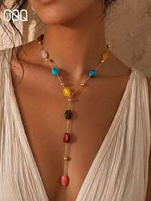 OOQ 1pc Bohemian Style Colorful Asymmetrical Resin Beaded Necklace, Elegant Personalized Sexy Collarbone Chain, Suitable For Beach, Vacation, Party, Daily Wear, Gift For Friends And Family - Colorful - View 3