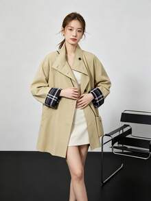 Stunning Stand Collar Trench Coat Jacket Button-Up Top For Office, Daily Wear, Dating, Spring And Autumn - Khaki - View 7