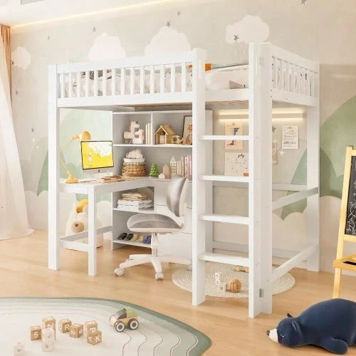Loft Bed, 90x200 Cm, Multiple Storage Compartments, Ladder - White - View 1