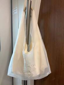 韓系小眾設計 Ins 風透視刺繡帆布包，溫柔隨性大容量腋下單肩手提包，通勤休閒日常購物女包 - 杏色 - 查看 7