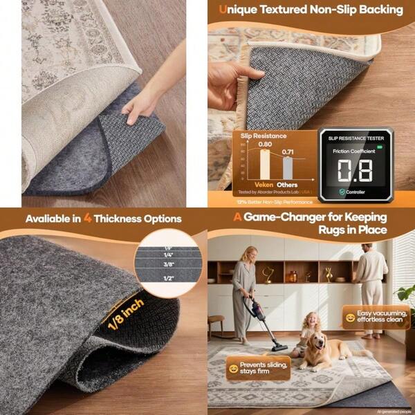 Non Slip Cushioned Rug Pad Gripper, Felt And Silicone Backing, Carpet Liner For Hardwood Floors And Finishes, Under Area Rugs Anti Skid Mat, Keep Rugs  And In Place, 2 X 3 Feet 1/8 Inch Thick