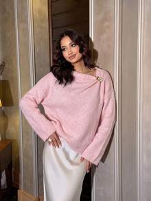 Minimalist Versatile Solid Color Twisted Knot Women's Sweater, Autumn/Winter - Pink - View 2