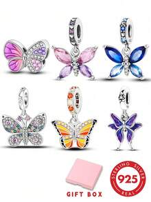 1pc S925 Sterling Silver Butterfly Pendant Bead, Multiple Gradient Colorful Enamel & Cubic Zirconia Butterfly Designs, Transparent Wings With Exquisite Rhinestone Inlay, Comes With Gift Box, Suitable For Bracelets & Necklaces, Romantic Girly Style, For Handmade DIY Jewelry Making & Daily Wear Gift - Multicolor - View 1