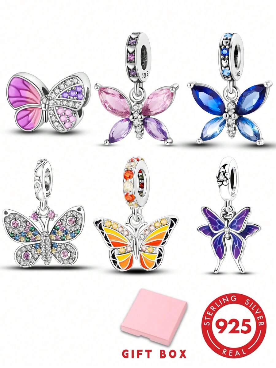 1pc S925 Sterling Silver Butterfly Pendant Bead, Multiple Gradient Colorful Enamel & Cubic Zirconia Butterfly Designs, Transparent Wings With Exquisite Rhinestone Inlay, Comes With Gift Box, Suitable For Bracelets & Necklaces, Romantic Girly Style, For Handmade DIY Jewelry Making & Daily Wear Gift - Multicolor - View 1