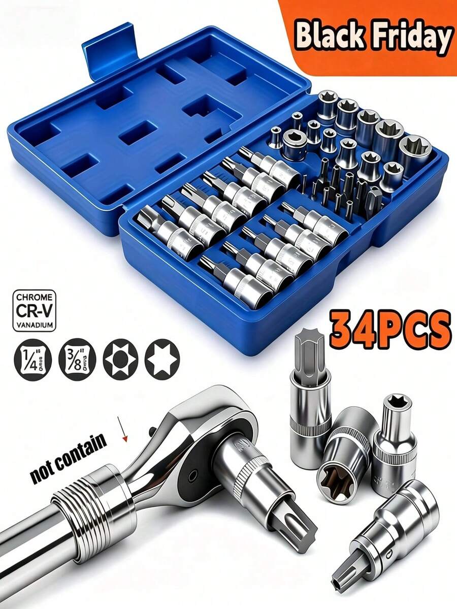 34pcs Torx Socket & Bit Set, Includes E-Type Sockets And Star Bits, Durable Plastic Storage Case, Professional Automotive Repair Tool, Suitable For Brake Calipers, Engine Cylinder Head, Motorcycle ATV Mechanical Disassembly - A-34 Pieces - View 1