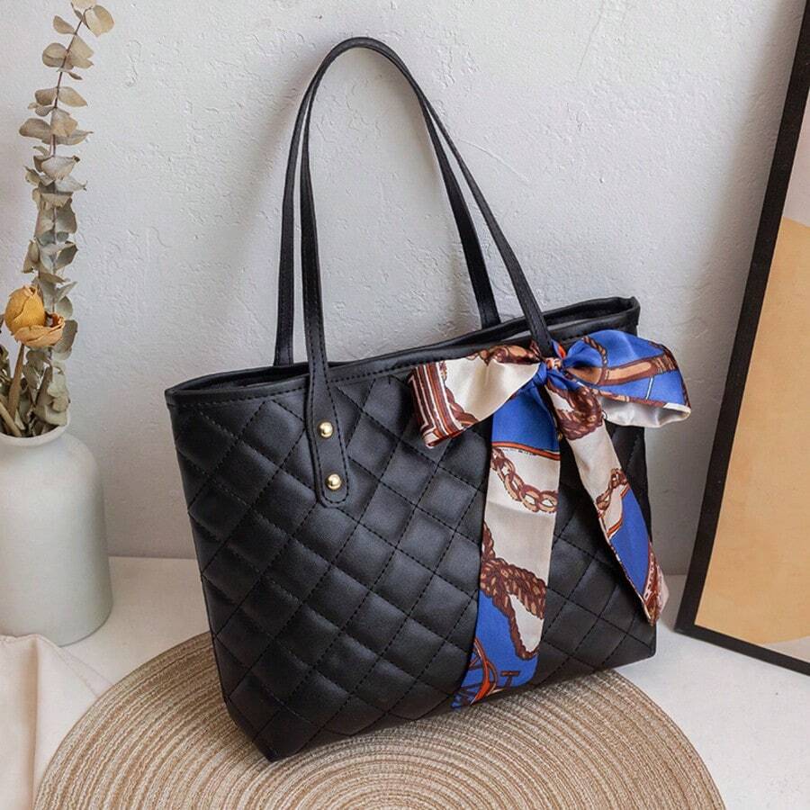 1pc Quilted Diamond Embroidered Scarf Decor Large Capacity Lightweight Versatile Commuter Tote Bag - Black - View 1