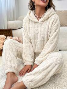 Cream White Heart Embossed Flannel Pajama Set, Hooded Sweatshirt And Loose Cuffed Pants, Fuzzy Warm Loungewear 2 Pieces Set - White - View 1