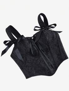 Black Jacquard Strap Corset Bustier Top Ribbon Bow Decor Lace-Up Front Boned Waist Trainer, Side Zipper Slim Versatile Shapewear Halloween - Black - View 4