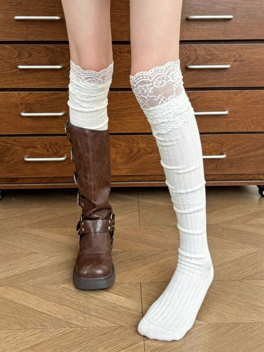 1/2 Pairs Women's Multi-Color Lace Bow Ballet Style Slouchy Knee-High Socks - Multicolor - View 1