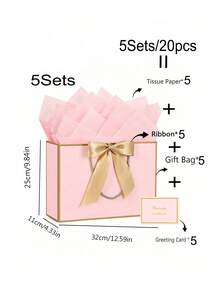 4件套礼品袋套装，包括1个礼品袋、1包薄纸、1张带丝带的卡片、1个带提手的购物袋、1个装饰蝴蝶结手提包，适合女孩、婚礼、派对、圣诞节、感恩节、新年、生日、情人节、伴娘、闺蜜聚会等场合。 - 彩色 - 查看 26