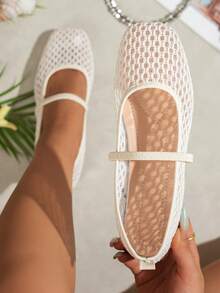 Women's Summer Hollow Mesh Square Toe Mary Jane Flat Shoes, Breathable Ballet Shoes With Thin Straps, Fashionable Versatile Daily Commute Walking Dating Office Shopping Vacation Beach Apartment Shoes, Mother's Day Gift - Beige - View 3
