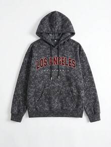 1pc Women's Washed Sweatshirt, Red LOS ANGELES College Style Print, Y2K Retro Style Casual Black - Black - View 6
