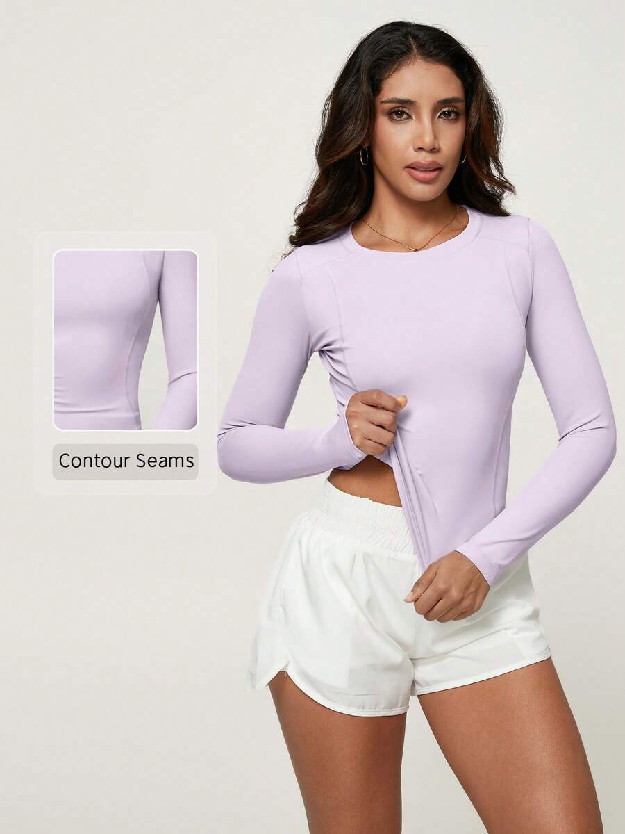 NcmRyu Women's One PC Solid Color Crew Neck Fitted Sports Long Sleeve - Mauve Purple - View 1