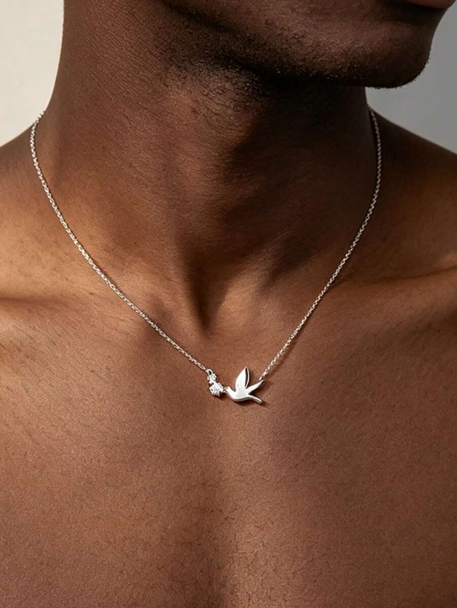 1pc Fashionable Stainless Steel Men's Silver Bird Pendant Necklace, Elegant Cubic Zirconia Exquisite Neck Accessory, Birthday Gift For Boyfriend/Husband, Suitable For Daily Wear - Silver - View 1