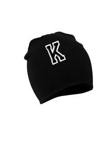 1pc Cute Alphabet Baby Beanie Hat, Soft Stretchy Infant Skull Cap With Chenille Letter Patch, Personalized Newborn Hat, Baby Girls Boys Daily Wear - Black - View 9