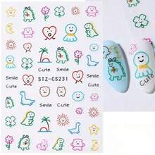 2pcs Cartoon Dinosaur Graffiti Style Nail Art Stickers, Cute Sun Face Stickers, Maple Leaf Nail Design Decoration DIY - Multicolor - View 8