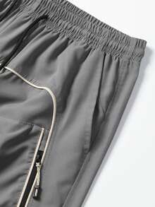 Men's Light Gray Drawstring Wide Leg Cargo Pants, White Contrast Trim Sporty Street Casual Long Pants With Zipper Pockets - Grey - View 7