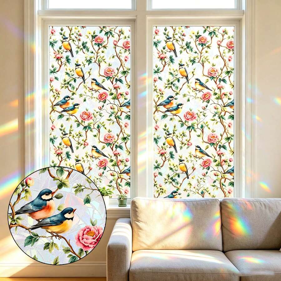 Ins French Vintage Bird & Rose Static Cling Window Film, Privacy Protection Sticker, No Glue, UV Protection, Sunshade & Heat Insulation, Bathroom Frosted Glass Sticker, Home Decor - Pastoral Bird Song Window Sticker - View 1