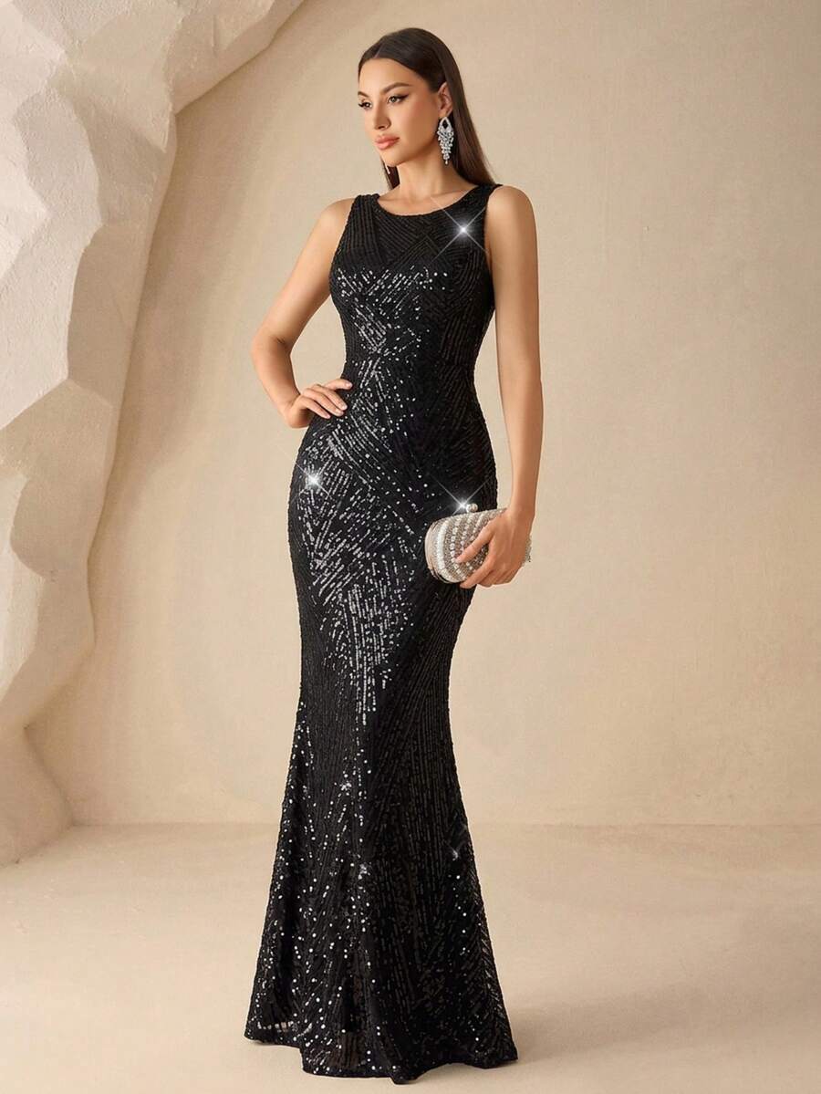 XUCTHHC 優雅無袖亮片魚尾下擺黑色晚禮服，適合生日、派對、正式舞會、假期，春/夏季穿著