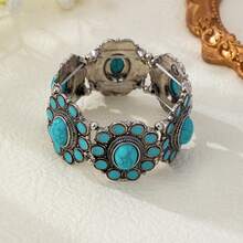 Bohemian Vintage Distressed Silver Turquoise Wide Bracelet, Multi-Layer Sunflower Inlaid Elastic Bangle - Turquoise - View 2