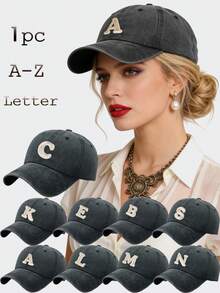 1Pc Unisex A-Z Letter Outdoors Fashionable Leisure Washed Baseball Cap, Adjustable Outdoor Sun Protection Casual Hat,Suitable For Daily Matching - Black - View 1