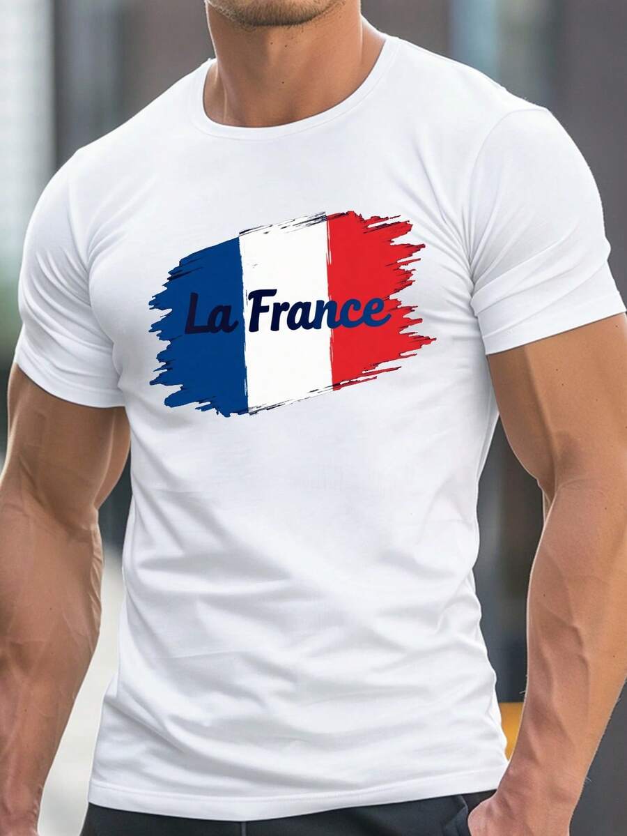 Camiseta de Cuello Redondo para Hombre con Diseño de Bandera Francesa - Negra con Diseño Geométrico Azul, Blanco y Rojo, Ligera de Manga Corta para Verano, Lavable a Máquina, Corte Regular C - Blanco - Ver 1
