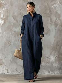 Summer Casual Dress New Arrival Solid Color Lapel Collar Button Front Long Sleeve Loose Dress With Side Pockets - 藏青色 - 查看 4
