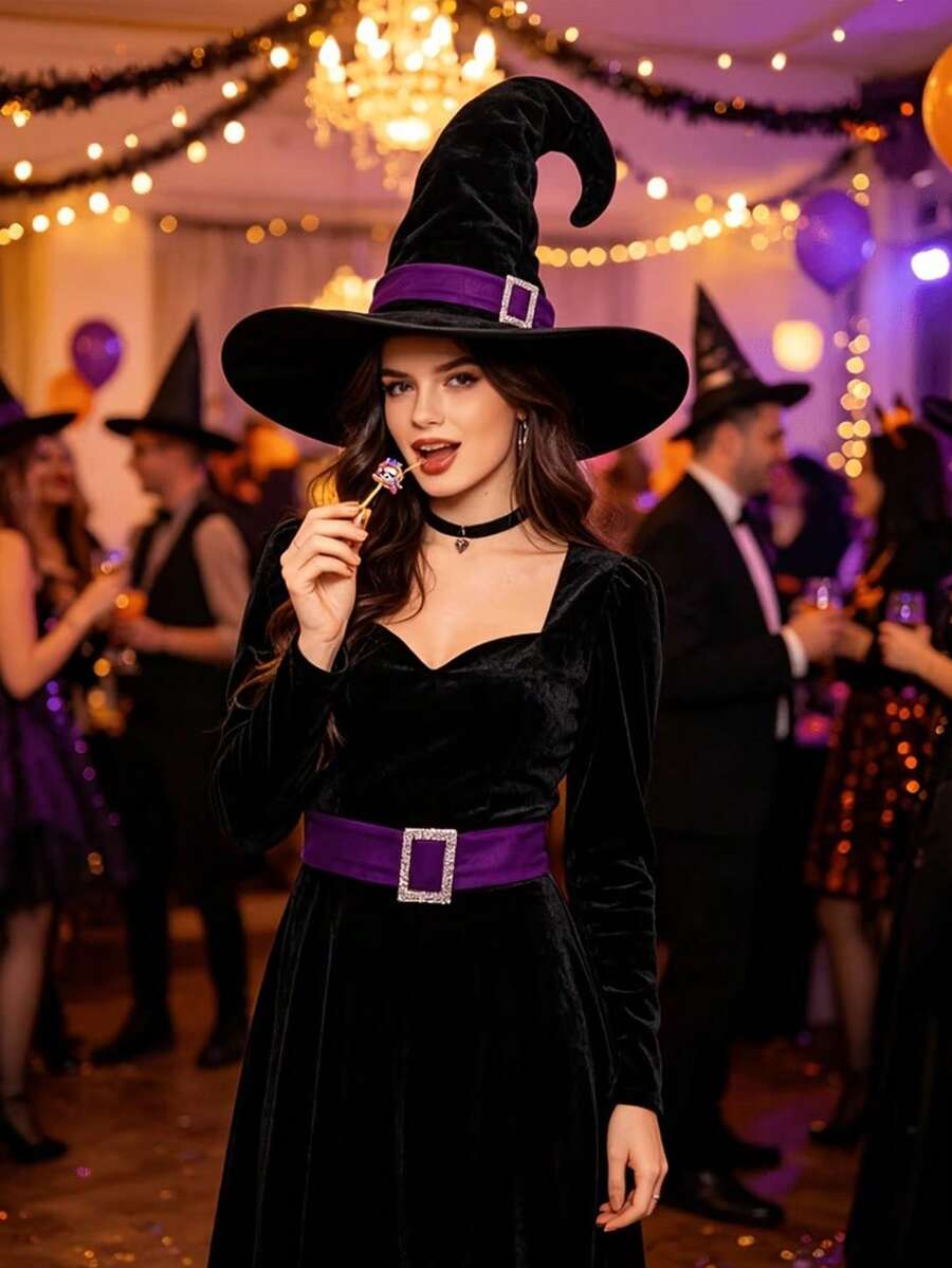 1pc Classic Black Velvet Witch Hat, Rhinestone Buckle Halloween Hat. Suitable For Cosplay And Theme Parties - A - View 1