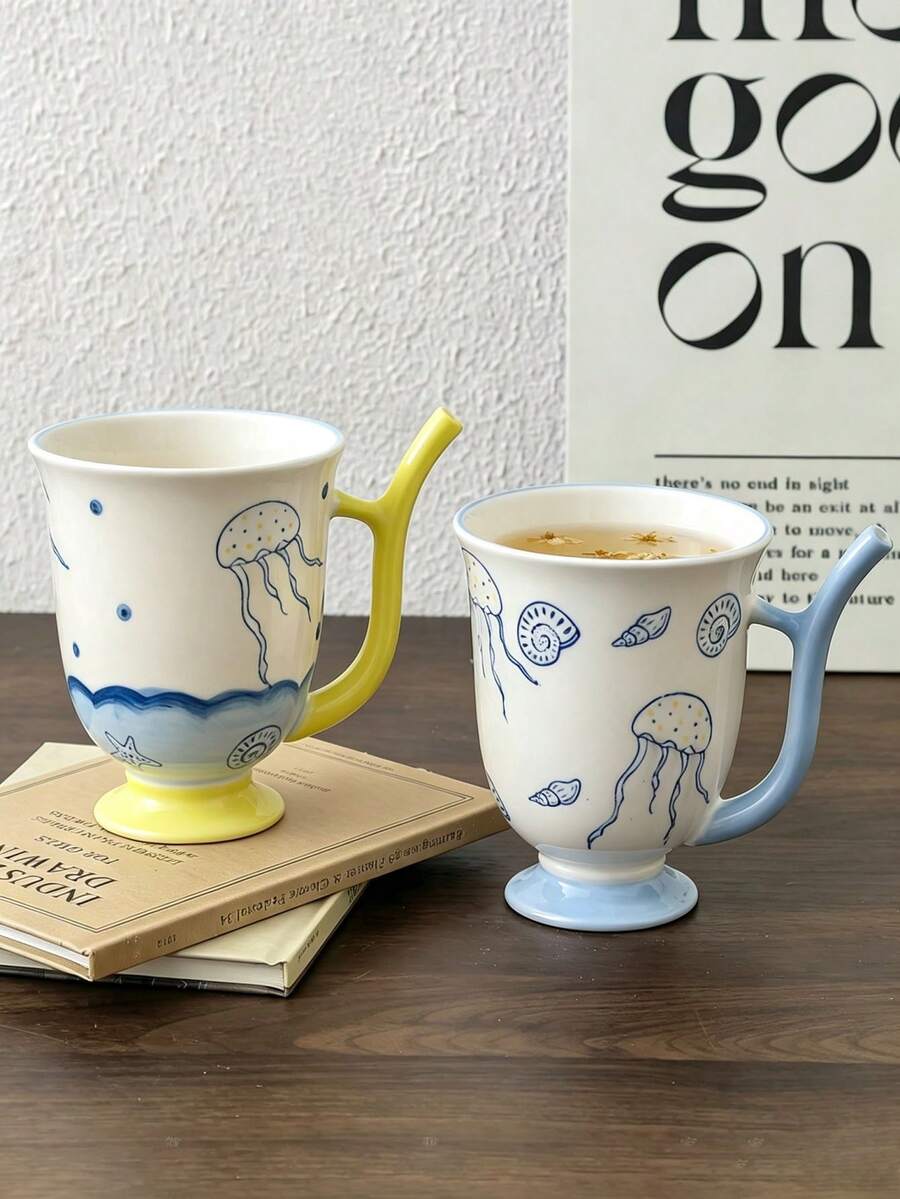 手繪水母陶瓷足底馬克杯，可愛海洋生物咖啡杯，獨特彎曲手柄茶杯，航海風瓷製水杯，適合早餐飲品、居家桌面裝飾禮品