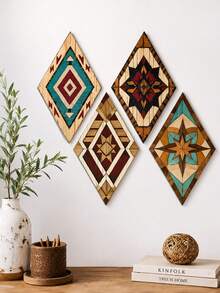 4pcs/Set Bohemian Style Wooden Wall Hanging Decor, Rhombus Geometric Pattern, Suitable For Living Room, Bedroom And Hallway, Rustic Farmhouse Home Decoration - Multicolor - View 1