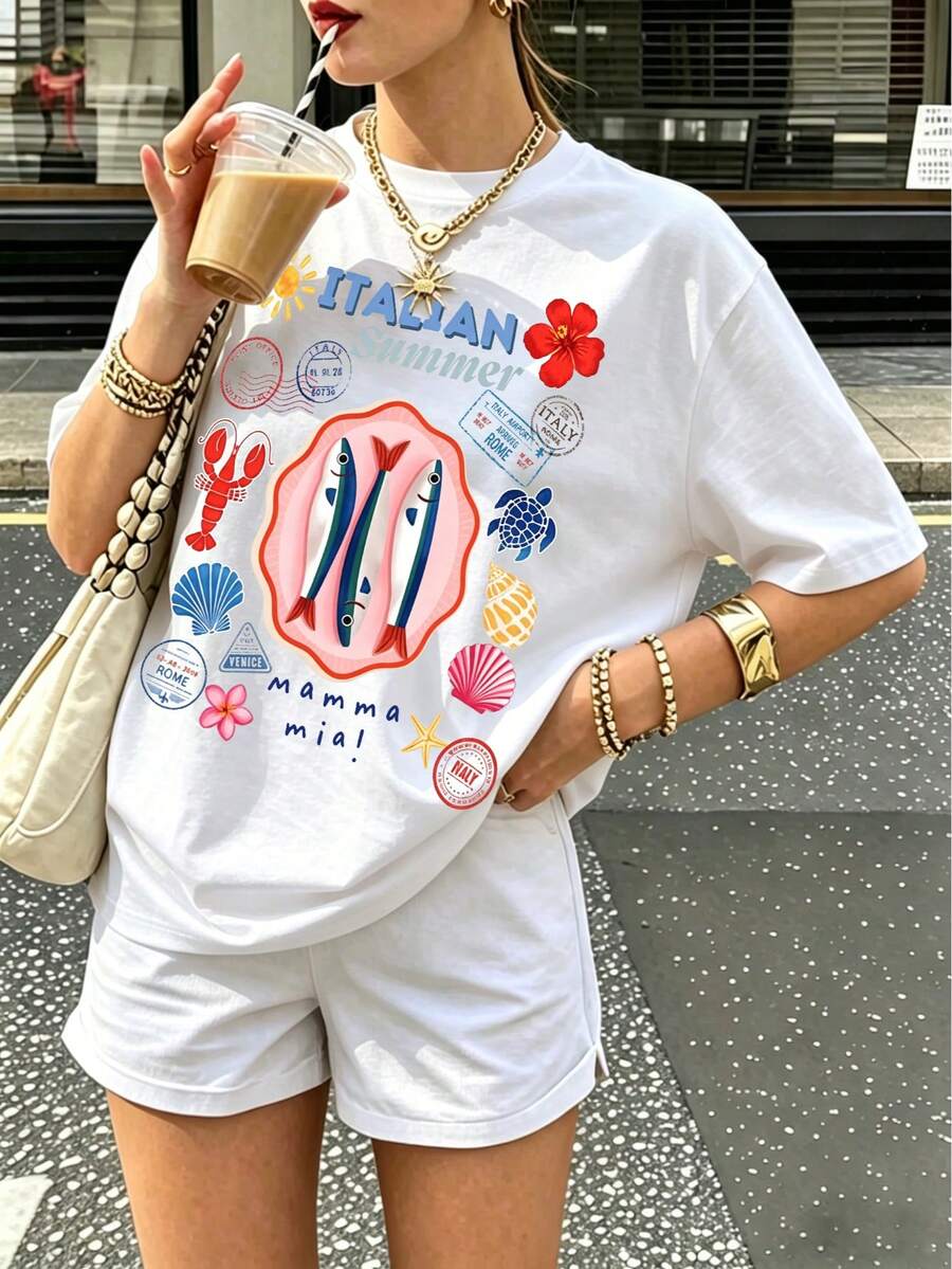 義大利夏季印花T恤 地中海海岸印花休閒短袖上衣 度假風俏皮沙灘風 白色