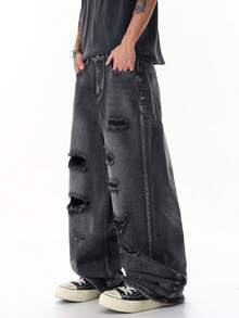Justice Brother 1pc American Street Style Personalized Men's Distressed Denim Jeans Fashion All Season Wide Leg Long Pants (Belt Not Included/Accessories Not Included) - Grey - View 5
