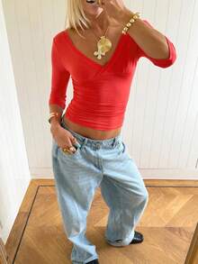 Womens Surplice Wrap Deep V 3/4 Sleeve Crop Top, Side Ruched Stretch Slim Y2K Layering Going Out Blouse - Red - View 4