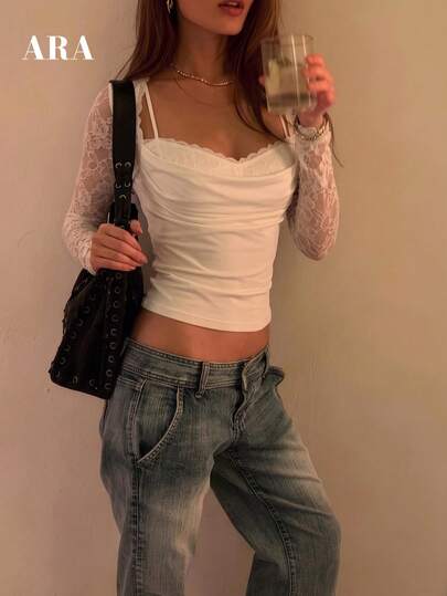 ARA CHIC White Lace Long Sleeve Shrug & Ruched Cami Two Pieces Set, Sheer Mesh Layering Top For Autumn Street, Daily Casual Outfit