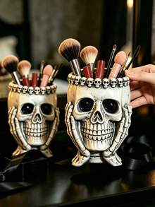 1pc Gothic Skull Makeup Brush Holder Resin Skeleton Cosmetic Storage Rack Dark Romantic Vanity Organizer Witchy Bedroom Halloween Home Decor Unique Gothic Style Gift For Women - C - View 2