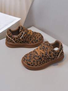 Spring/Autumn Leopard Print Kids' Sneakers, Rubber Sole Hook And Loop Closure Casual Shoes For Toddlers - Brown - View 4